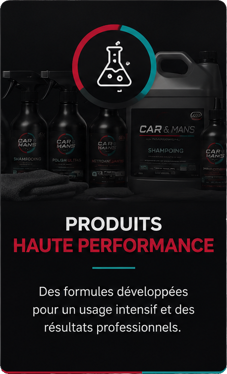 Car&Mans Professionnel accompagne les garages, centres de detailing, concessions automobiles, carrossiers et préparateurs esthétiques avec une gamme complète de produits de detailing haute performance. Bénéficiez de tarifs réservés aux professionnels, de conditionnements adaptés (500 ml, 5 L, 10 L et 20 L), d'une livraison rapide et d'un accompagnement personnalisé. Rejoignez le réseau Car-Mans et développez votre activité avec des solutions performantes, fiables et conçues pour répondre aux exigences des professionnels de l'automobile.